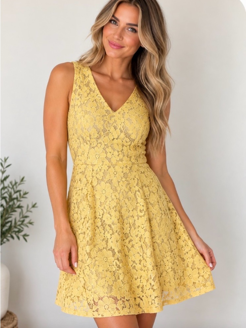 The Limited Yellow Lace V-Neck Sleeveless Fit-and-Flare Dress